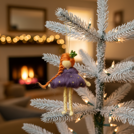 Handmade Felt Princess Doll Ornament with Green Crown | Whimsical Fairy Figurine