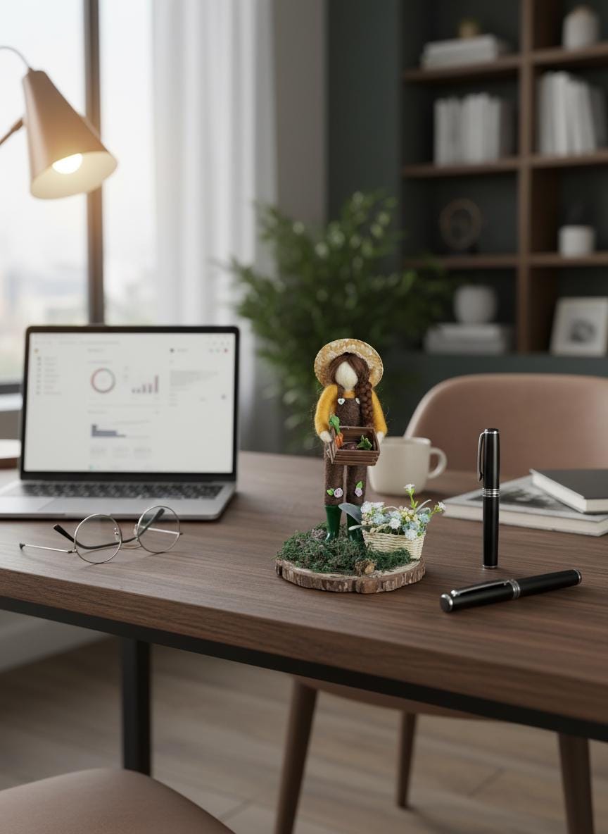 Charming Handmade Felted Gardener Figure with Veg & Flowers - British Artisan Home Decor Gift