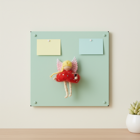 Handmade Felt Angel Fairy Fridge Magnet - Red Dress with Glitter Wings