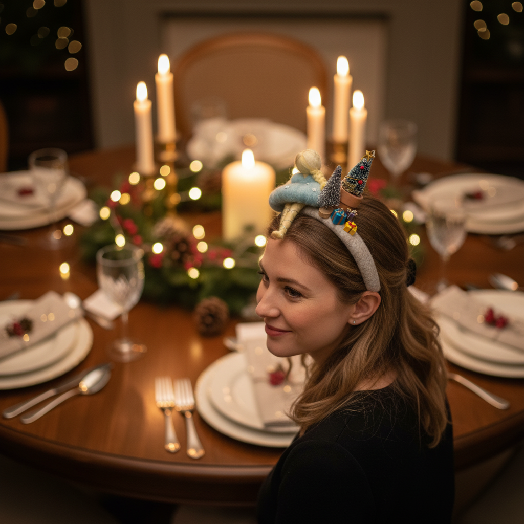 Woman with festive headband sitting at a decorated Christmas dinner table.