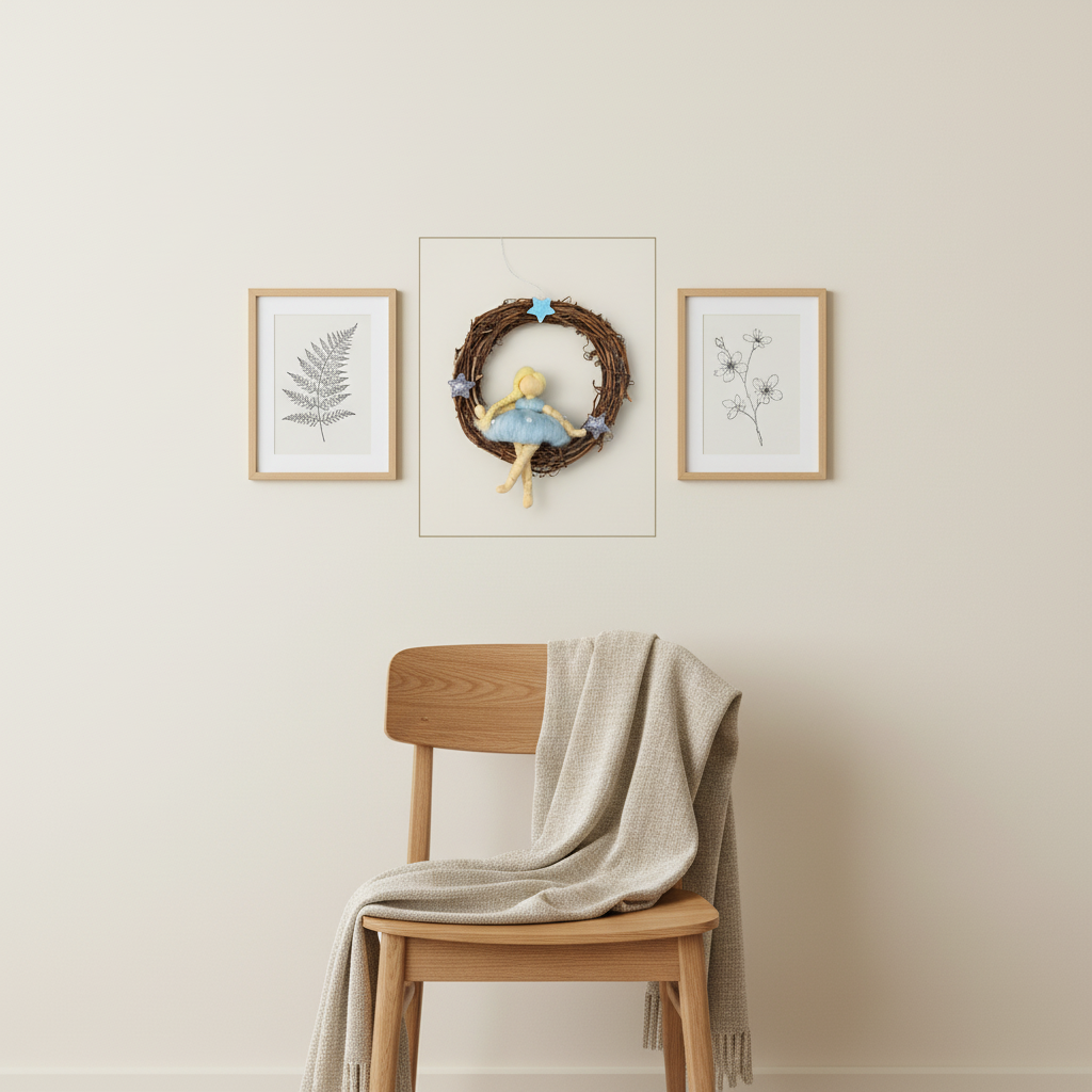 Winter Sky Fairy – Handcrafted Wreath Ornament with Blue Dress and Stars