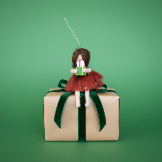 Christmas Gift Fairy – Handcrafted Ornament with Red Dress and Present