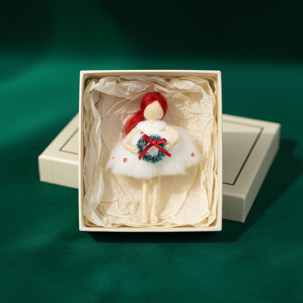 Winter Wreath Fairy – Handcrafted Christmas Ornament with Red Hair and Green Wreath