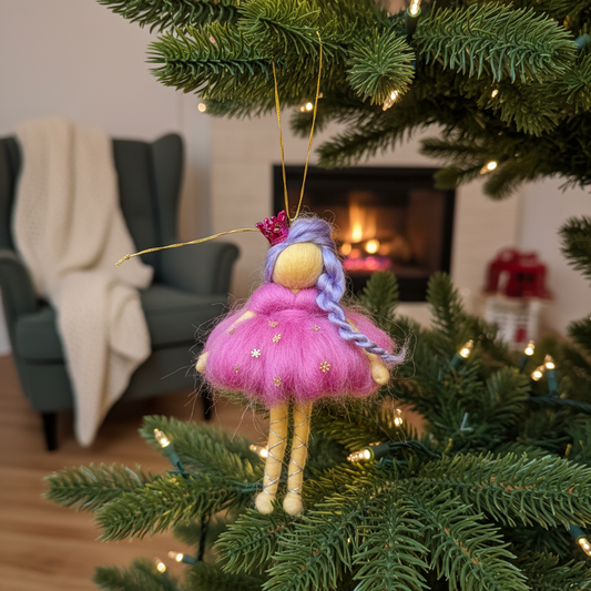 Enchanting Needle-Felted Princess Doll with Crown - Handmade Wool Fairy Ornament