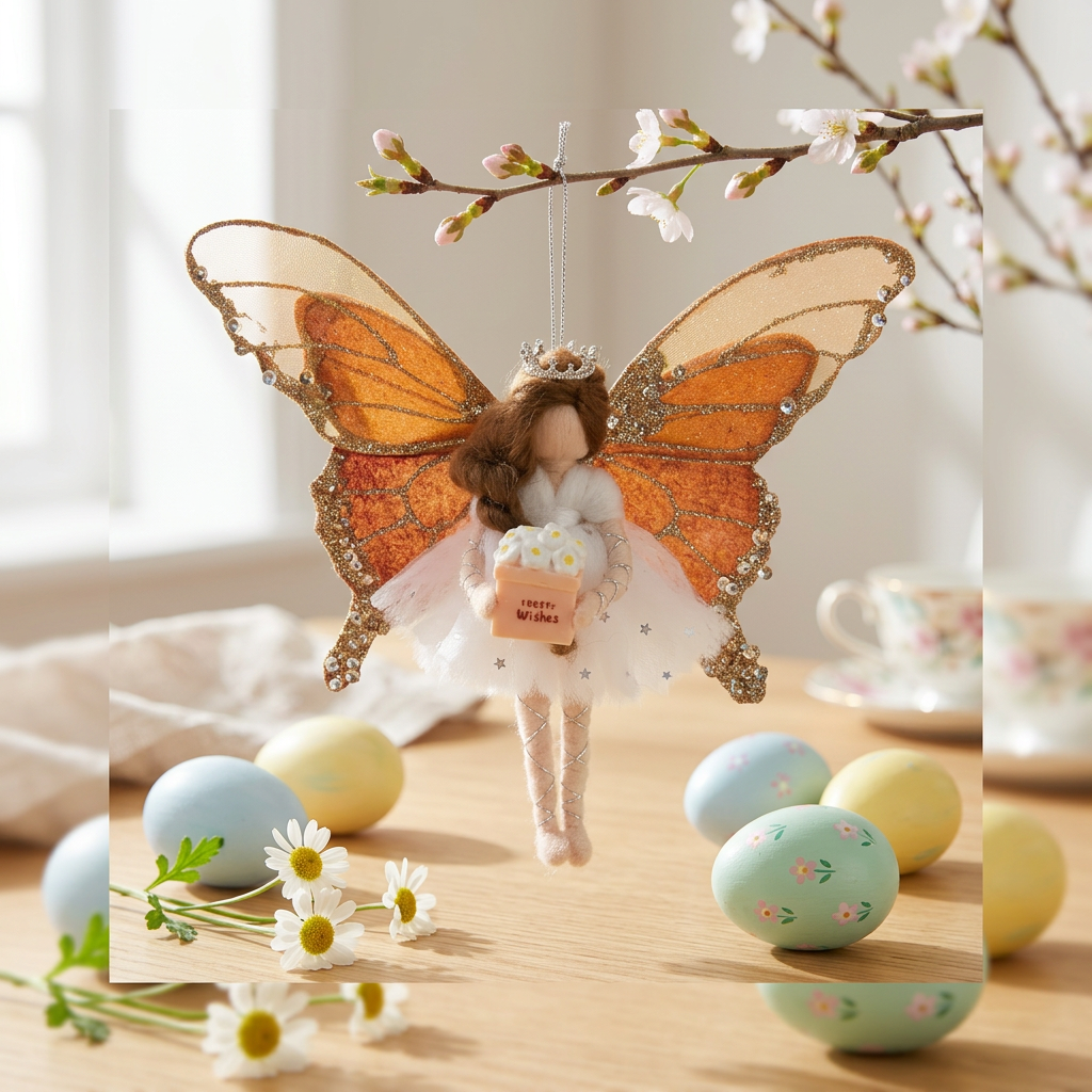Handmade Fairy Doll Ornament with Brown Butterfly Wings and Best Wishes Gift Box
