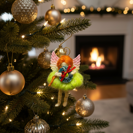 Handmade Christmas Angel Ornament with Wreath - Whimsical Festive Fairy Decoration