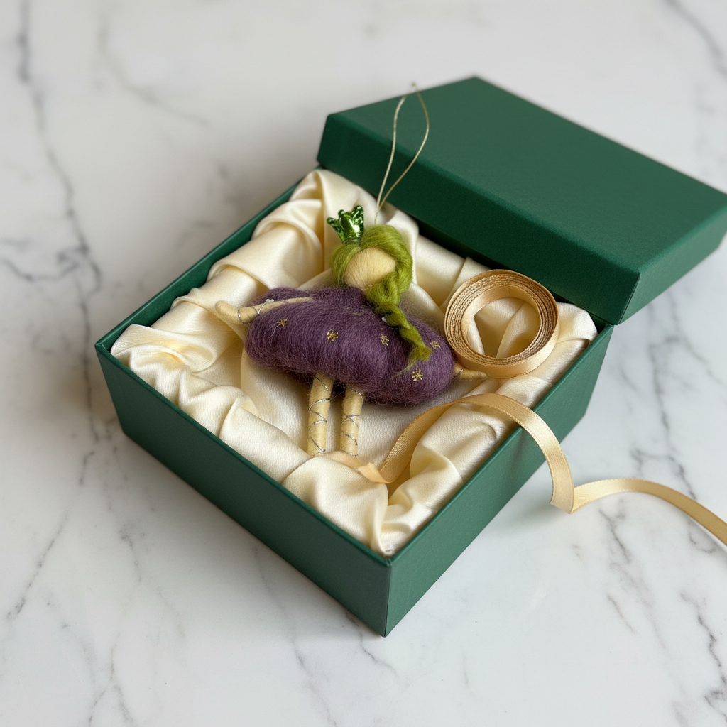 Whimsical Felt Fairy Princess Doll Ornament - Handmade Green Crown & Purple Dress Decoration