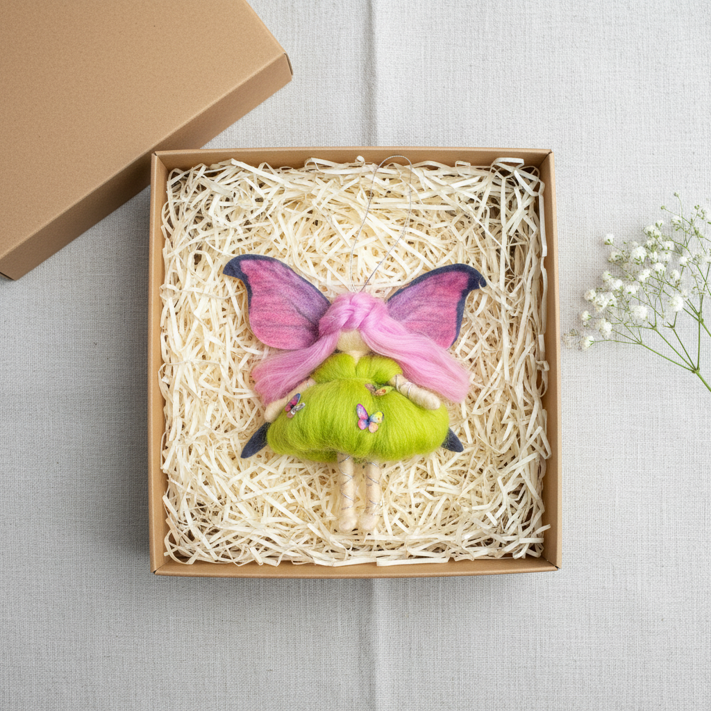 Handmade Needle Felted Fairy Ornament with Pink Hair and Butterfly Dress