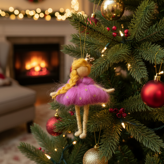 Whimsical Needle Felt Princess Doll Ornament with Crown and Pink Dress
