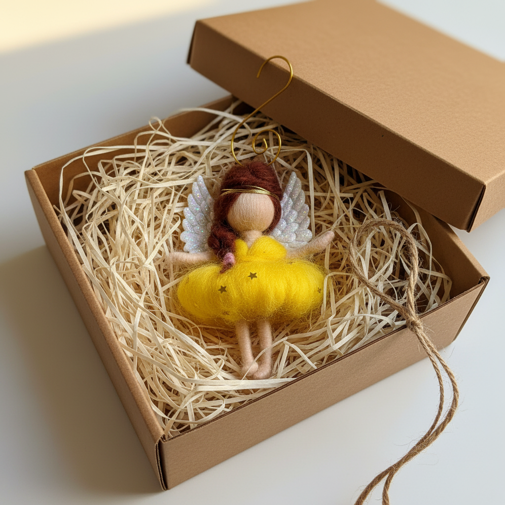 Handmade Felt Angel Ornament with Sparkle Wings and Star Dress