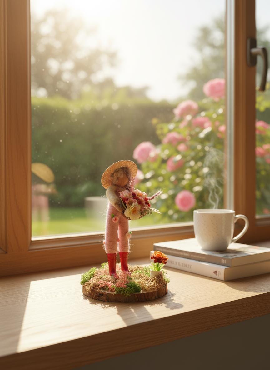 Handmade Felt Gardener Figurine with Floral Basket | Whimsical British Artisan Decor