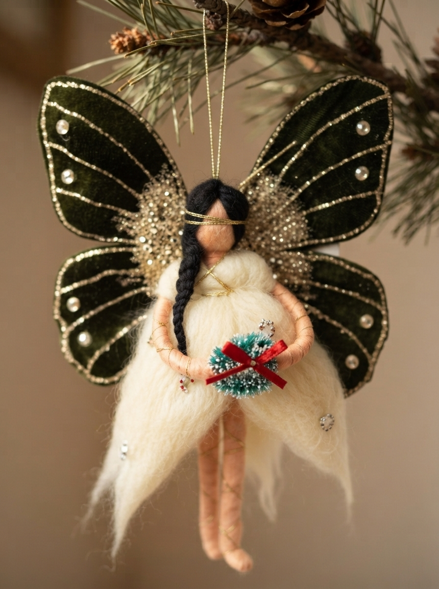 Forest Fairy Hanging Ornament with Green Velvet Wings