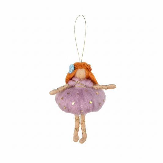 Handmade Needle Felted Fairy Ornament with Red Hair and Purple Star Dress