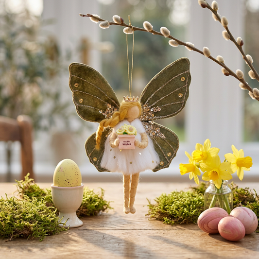 Handmade Forest Fairy Ornament with Green Velvet Wings and Best Wishes Gift