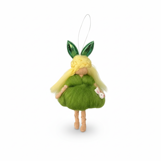 Handmade Needle Felted Woodland Fairy with Bunny - Whimsical Forest Sprite Hanging Ornament