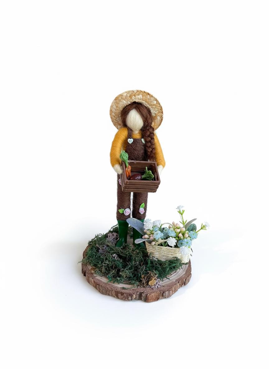 Charming Handmade Felted Gardener Figure with Veg & Flowers - British Artisan Home Decor Gift