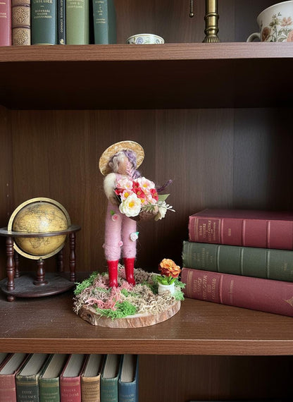Handmade Felt Gardener Figurine with Floral Basket | Whimsical British Artisan Decor