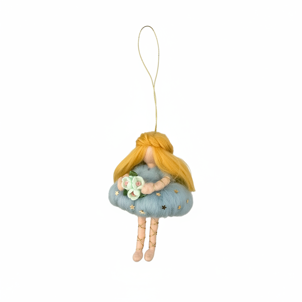 Handmade Needle Felted Blue Flower Fairy Ornament - Whimsical Gold Star Wool Hanging Decoration
