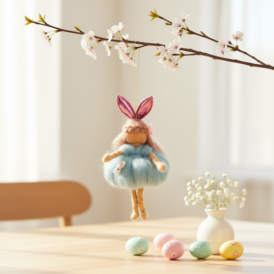 Handmade Felted Fairy Doll with Bunny Ears, Whimsical Easter Ornament Nursery Decor