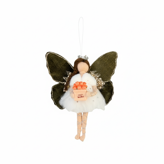 Handmade Best Wishes Fairy Ornament with Green Velvet Wings and Roses