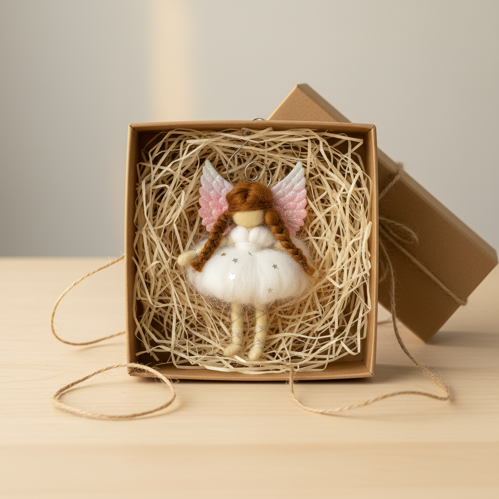 Whimsical Handmade Felt Fairy Angel Christmas Ornament with Glitter Wings