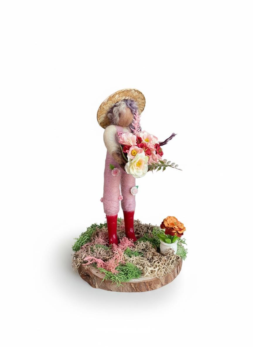 Handmade Felt Gardener Figurine with Floral Basket | Whimsical British Artisan Decor
