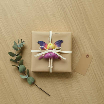 Handmade Needle Felted Fairy Ornament - Purple Butterfly Forest Spirit - Whimsical Home Decor Gift