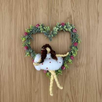 Heart of Winter Fairy Ornament – Handcrafted Fabric Doll in Festive Wreath