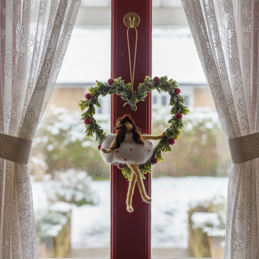 Heart of Winter Fairy Ornament – Handcrafted Fabric Doll in Festive Wreath