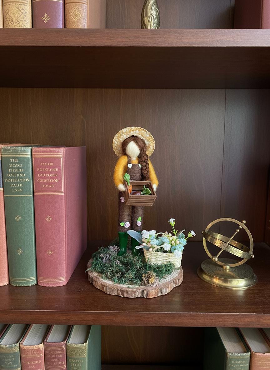 Charming Handmade Felted Gardener Figure with Veg & Flowers - British Artisan Home Decor Gift