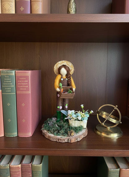 Charming Handmade Felted Gardener Figure with Veg & Flowers - British Artisan Home Decor Gift