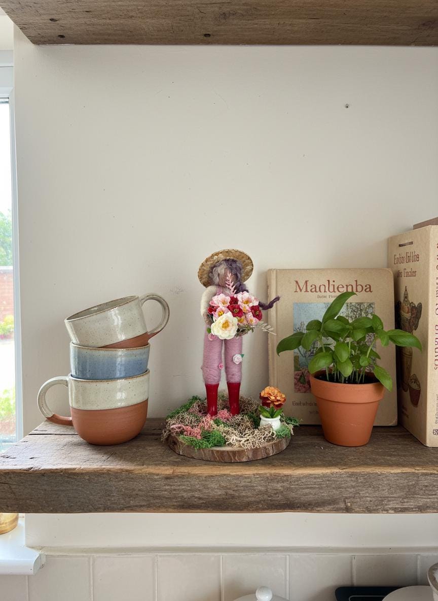 Handmade Felt Gardener Figurine with Floral Basket | Whimsical British Artisan Decor