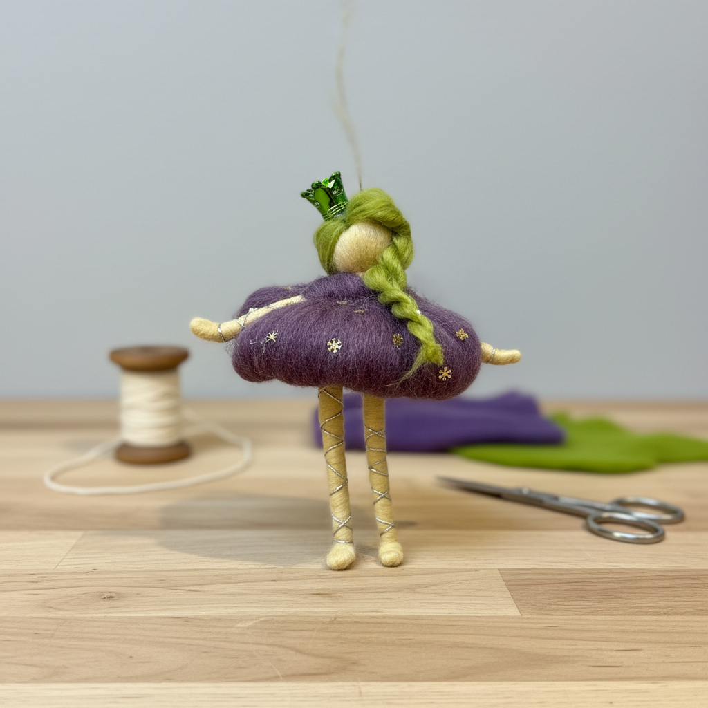 Whimsical Felt Fairy Princess Doll Ornament - Handmade Green Crown & Purple Dress Decoration