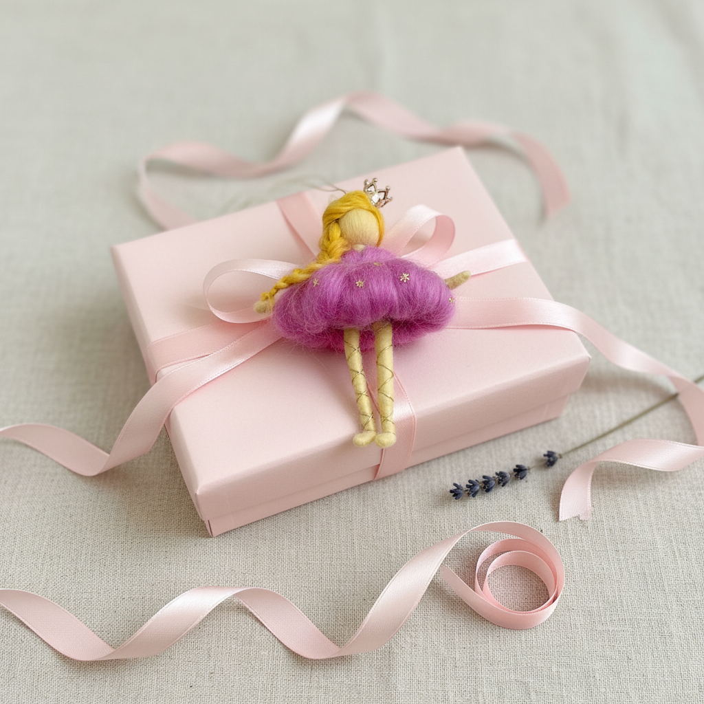 Whimsical Needle Felt Princess Doll Ornament with Crown and Pink Dress