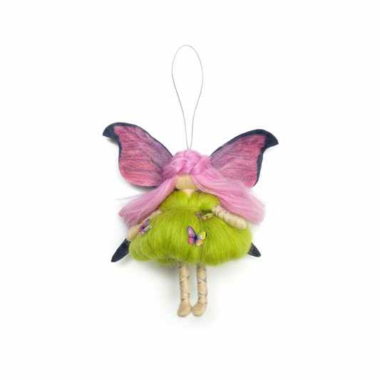 Handmade Needle Felted Fairy Ornament with Pink Hair and Butterfly Dress