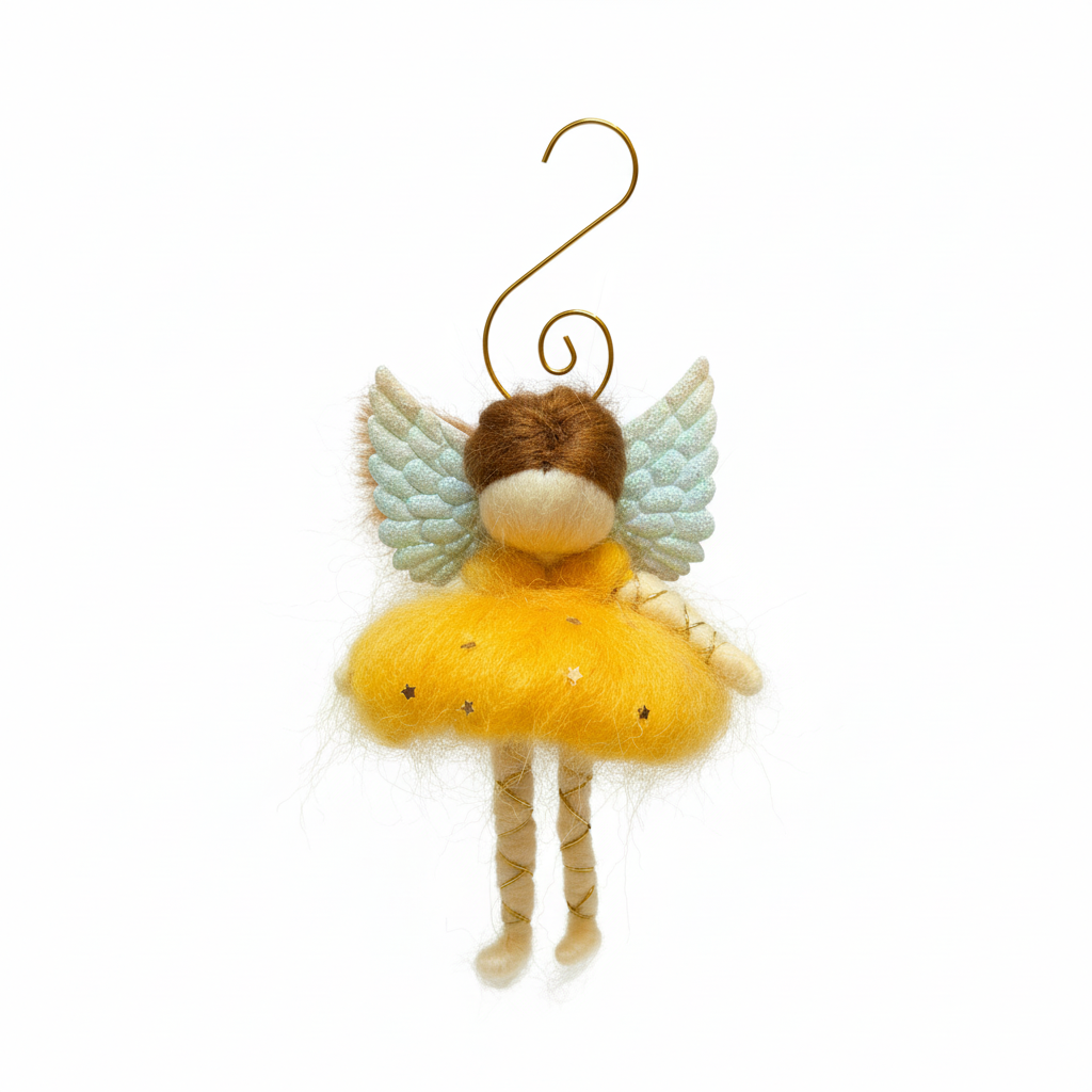 Whimsical Felt Angel Ornament with Glitter Wings & Yellow Dress