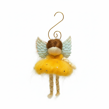 Whimsical Felt Angel Ornament with Glitter Wings & Yellow Dress