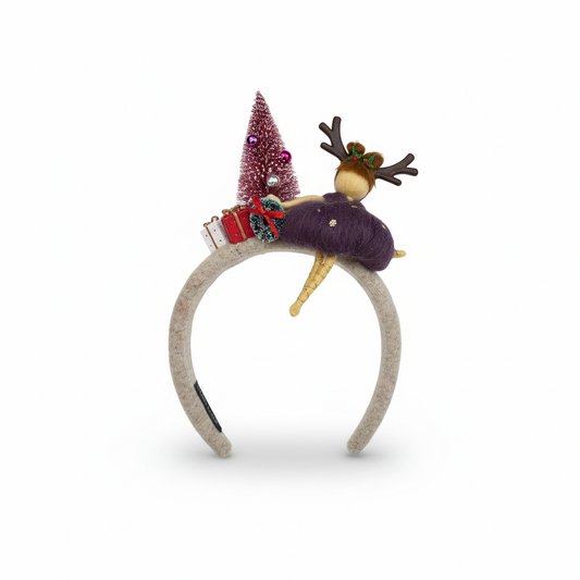 Decorative headband with reindeer antlers, purple hat, and Christmas tree on a white background