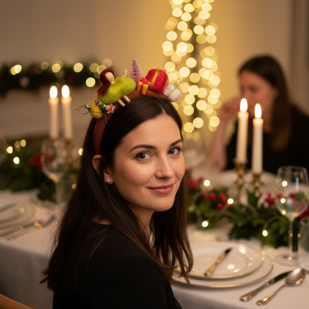 Woman wearing festive headband with blurred Christmas lights and table in the background