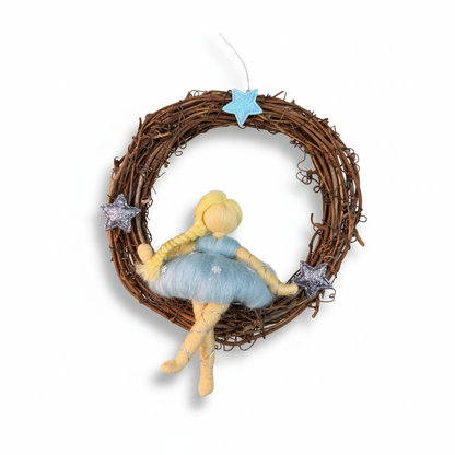 Winter Sky Fairy – Handcrafted Wreath Ornament with Blue Dress and Stars
