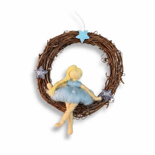 Winter Sky Fairy – Handcrafted Wreath Ornament with Blue Dress and Stars