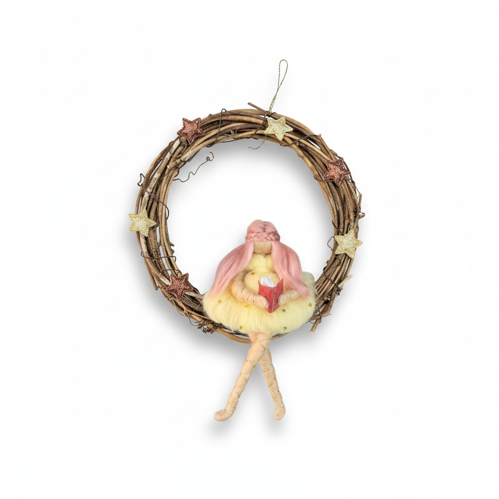 Starlight Dream Fairy – Handcrafted Wreath Ornament with Pink Hair and Book