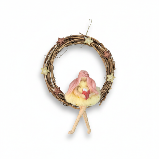 Starlight Dream Fairy – Handcrafted Wreath Ornament with Pink Hair and Book