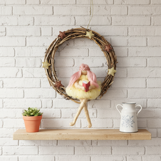 Starlight Dream Fairy – Handcrafted Wreath Ornament with Pink Hair and Book