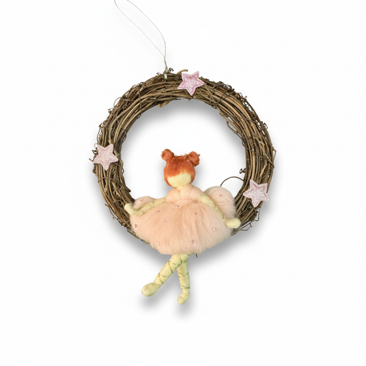 Peach Blossom Fairy – Handcrafted Wreath Ornament with Pink Stars