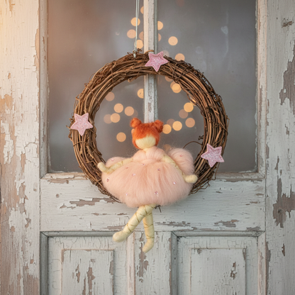 Peach Blossom Fairy – Handcrafted Wreath Ornament with Pink Stars