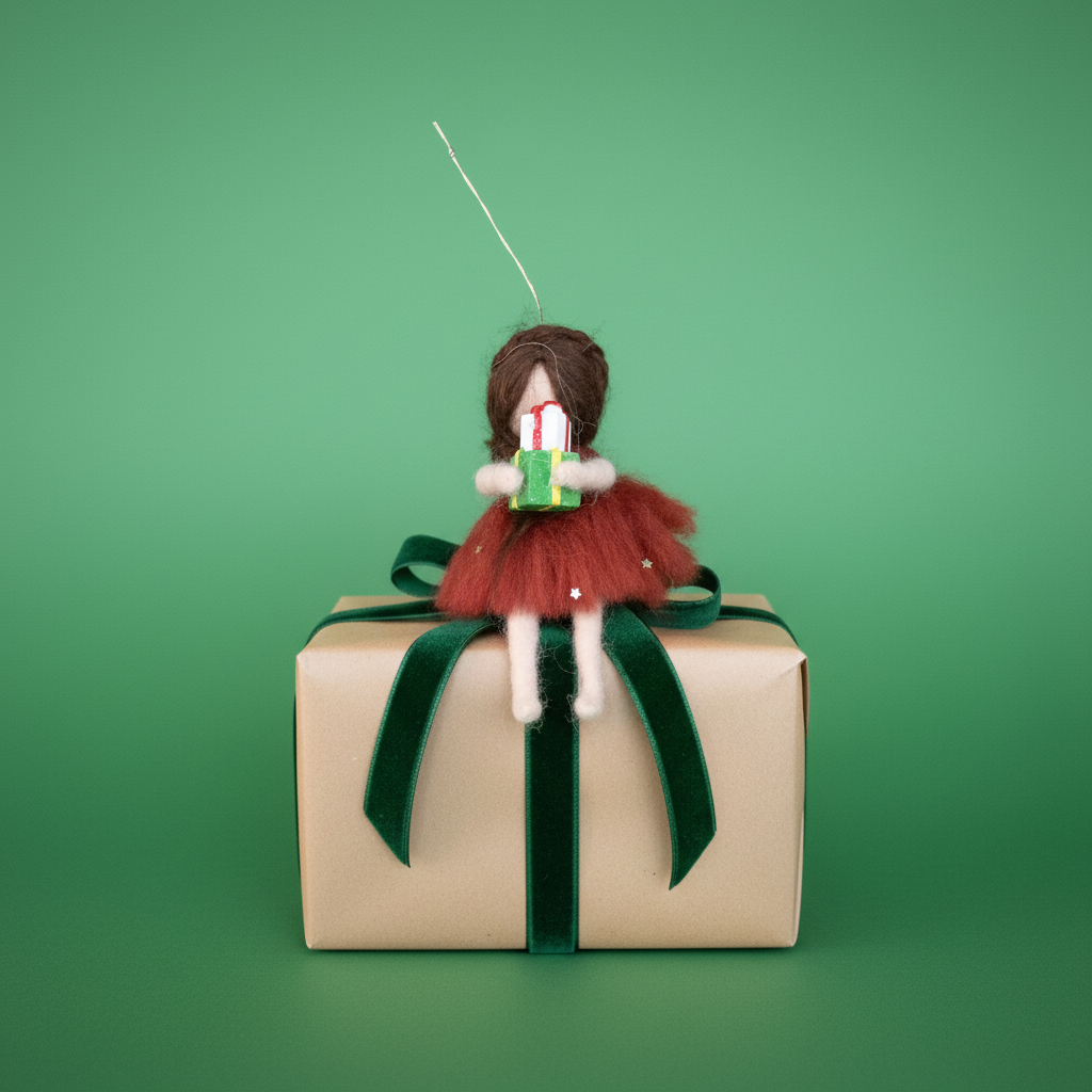 Christmas Gift Fairy – Handcrafted Ornament with Red Dress and Present