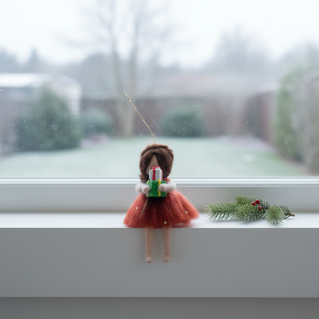 Christmas Gift Fairy – Handcrafted Ornament with Red Dress and Present