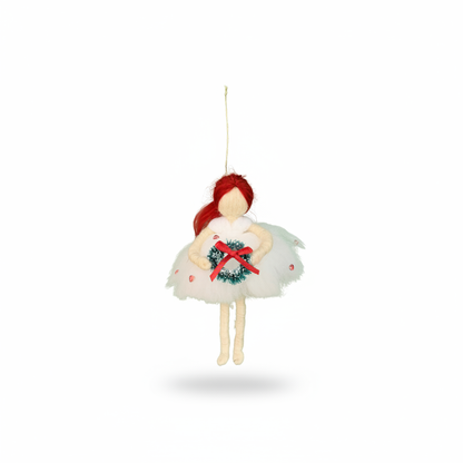 Winter Wreath Fairy – Handcrafted Christmas Ornament with Red Hair and Green Wreath