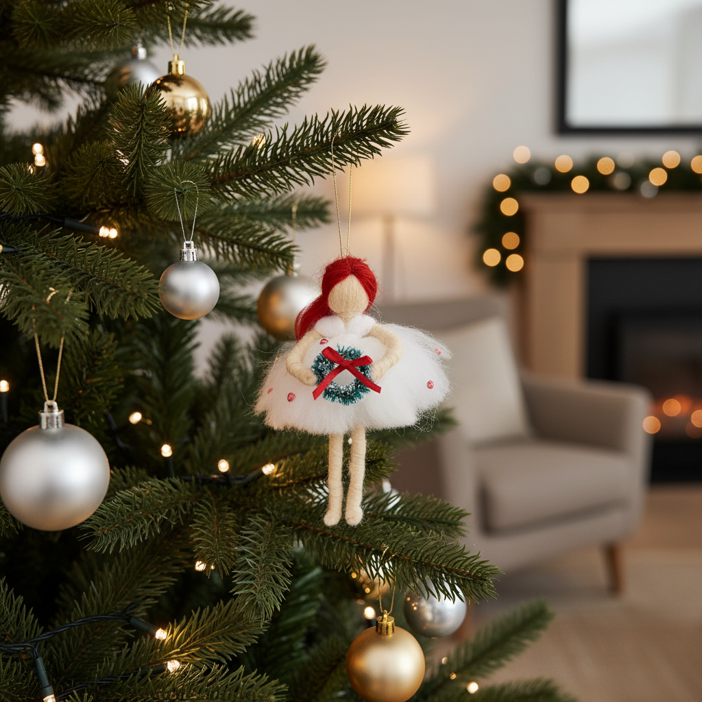 Winter Wreath Fairy – Handcrafted Christmas Ornament with Red Hair and Green Wreath